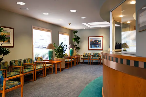 Wait area and reception area at East Portland Dentistry.